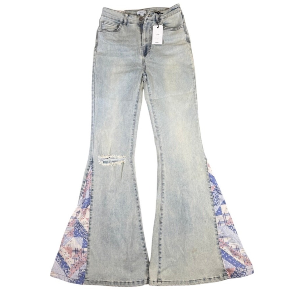 NWT Forever 21 Flare Jeans Light Wash Patchwork Bell Bottom Distressed Size 29